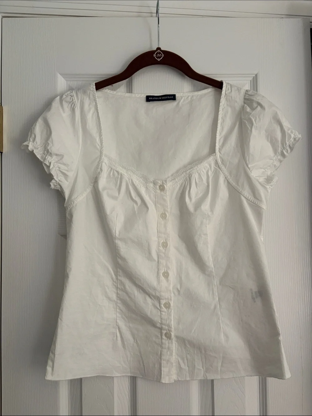 Brandy Melville White Button-Front Square Neck Puff Sleeve Top - Picture 1 of 3
